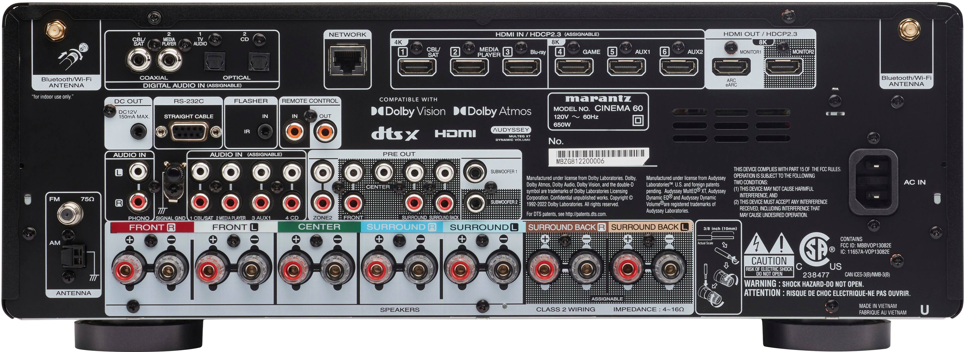 Back. Marantz - Cinema 60 100W 7.2-Ch Bluetooth Capable with HEOS 8K Ultra HD HDR Compatible A/V Home Theater Receiver with Alexa - Black.