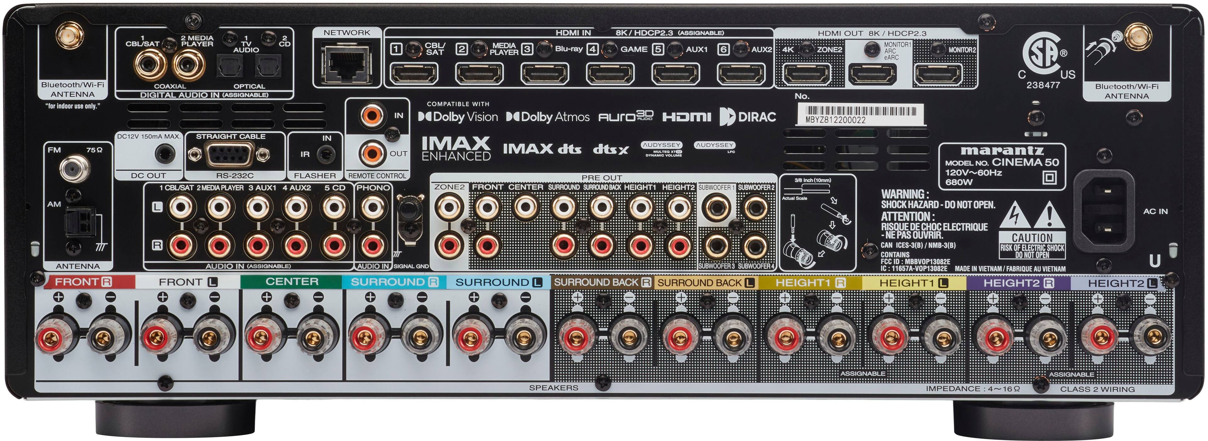 Back. Marantz - Cinema 50 110W 9.4-Ch Bluetooth Capable with HEOS 8K Ultra HD HDR Compatible A/V Home Theater Receiver with Alexa - Black.