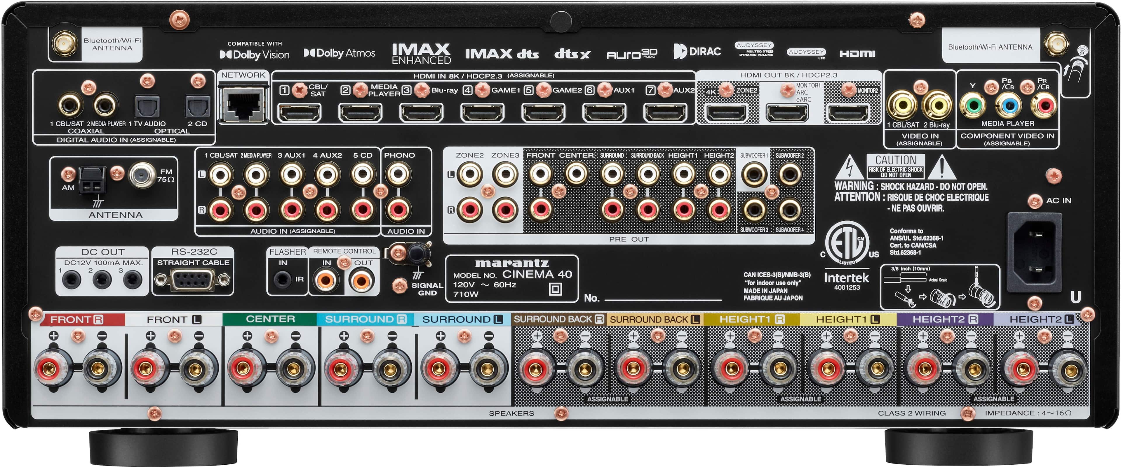 Back. Marantz - Cinema 40 125W 9.4 Ch Bluetooth Capable with HEOS and Dolby Atmos 8K Ultra HD A/V Home Theater Receiver with Alexa - Black.