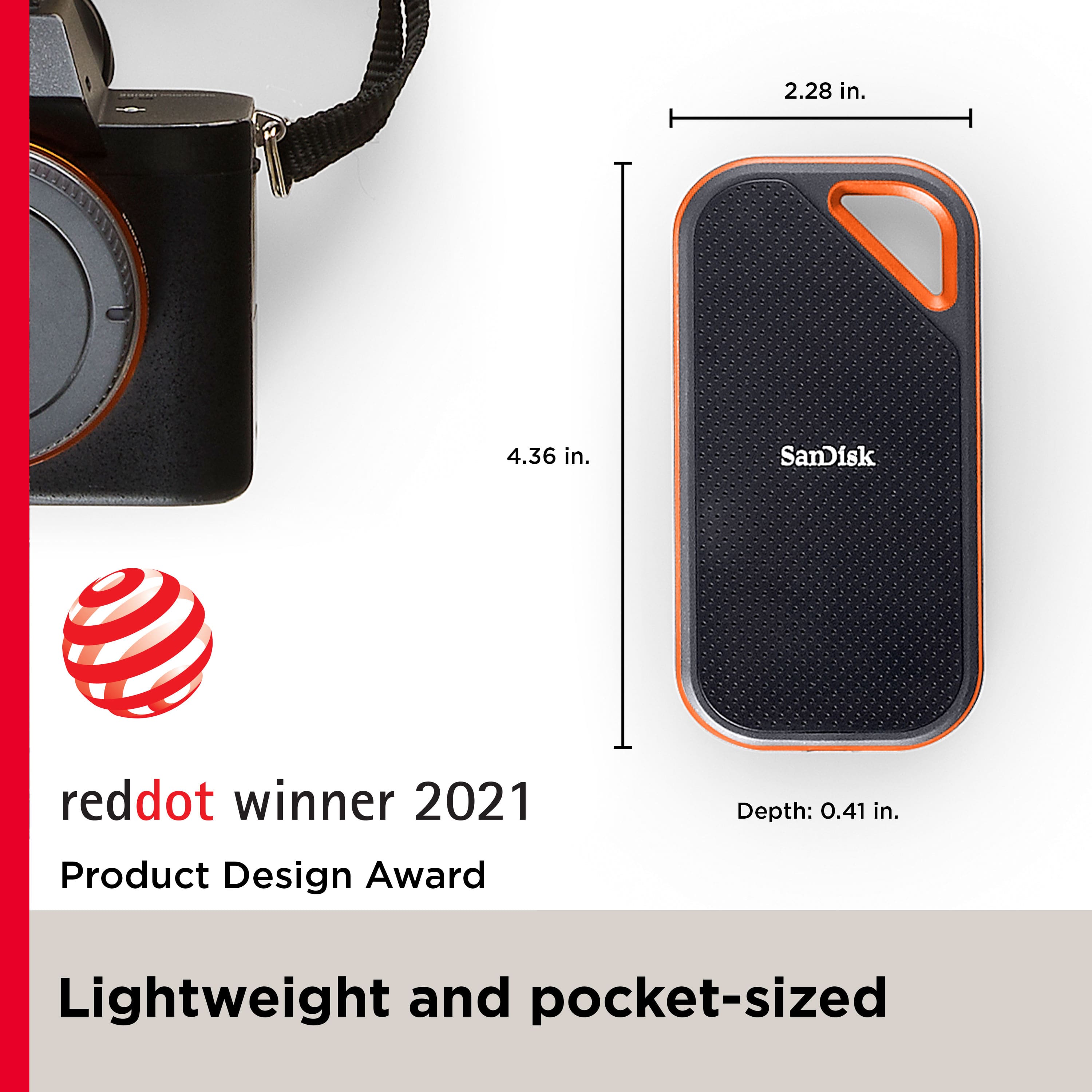 The text on the image reads: "2.28 in. 4.36 in. SanDisk reddot winner 2021 Product Design Award Depth: 0.41 in. Lightweight and pocket-sized."