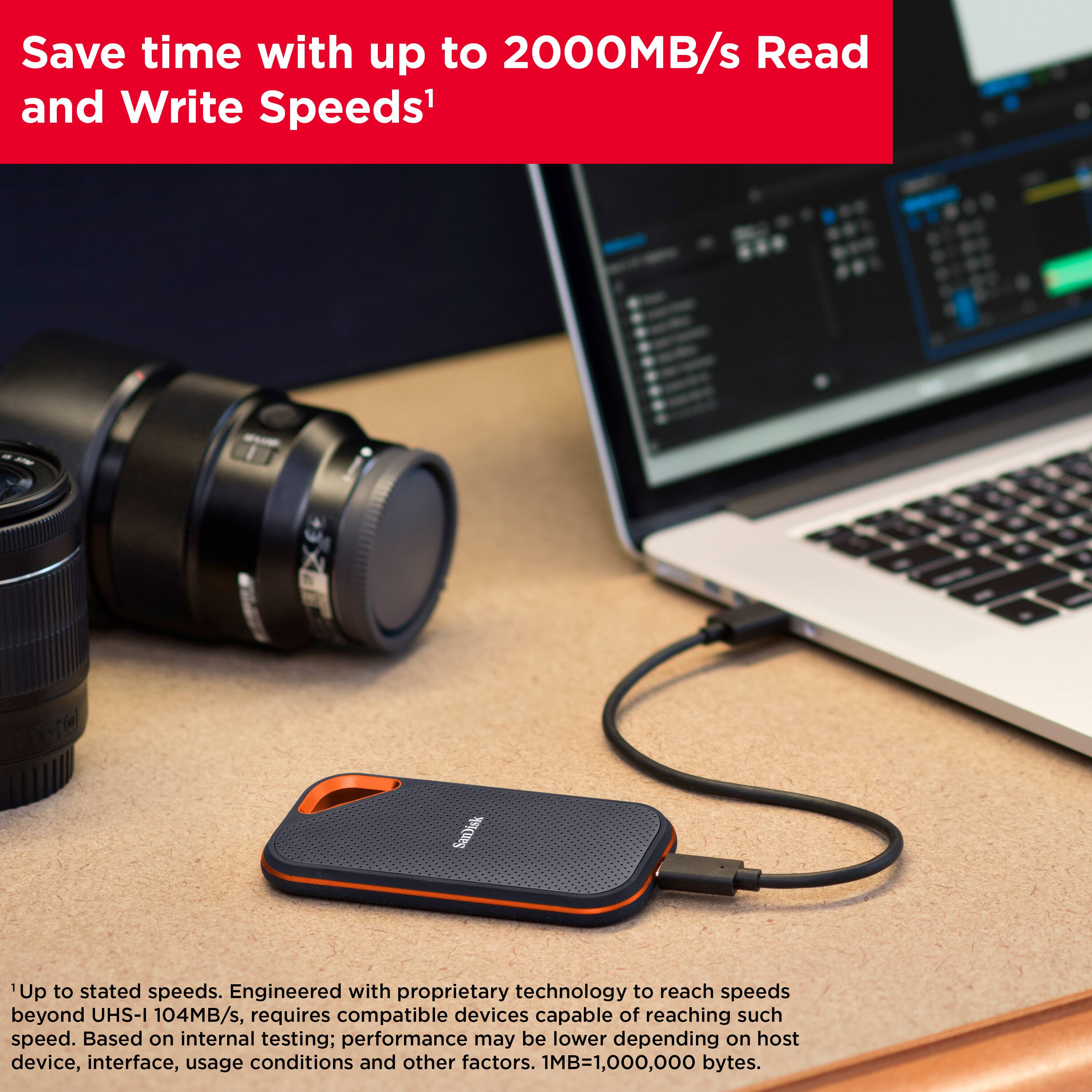 Save time with up to 2000MB/s Read and Write Speeds. SanDisk's memory card offers up to stated speeds, engineered with proprietary technology to reach speeds beyond UHS-I 104MB/s. However, it requires compatible devices capable of reaching such speed. Based on internal testing, performance may be lower depending on host device, interface, usage conditions, and other factors. It is important to note that 1MB equals 1,000,000 bytes.