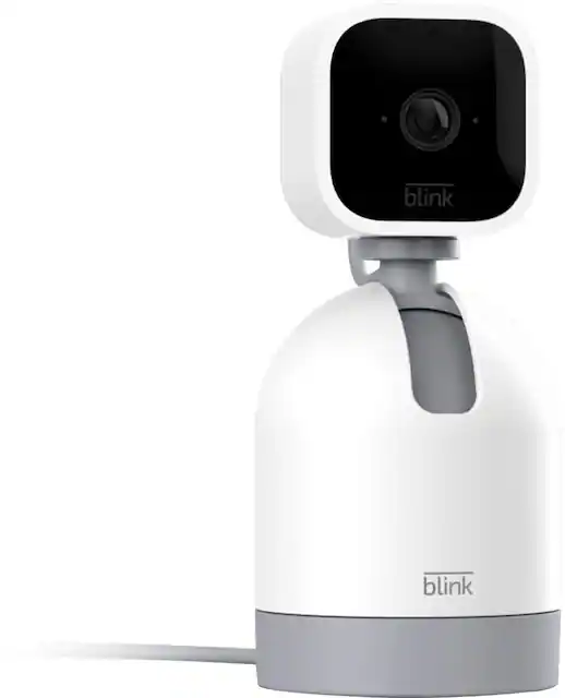 A white and grey tilting indoor security camera