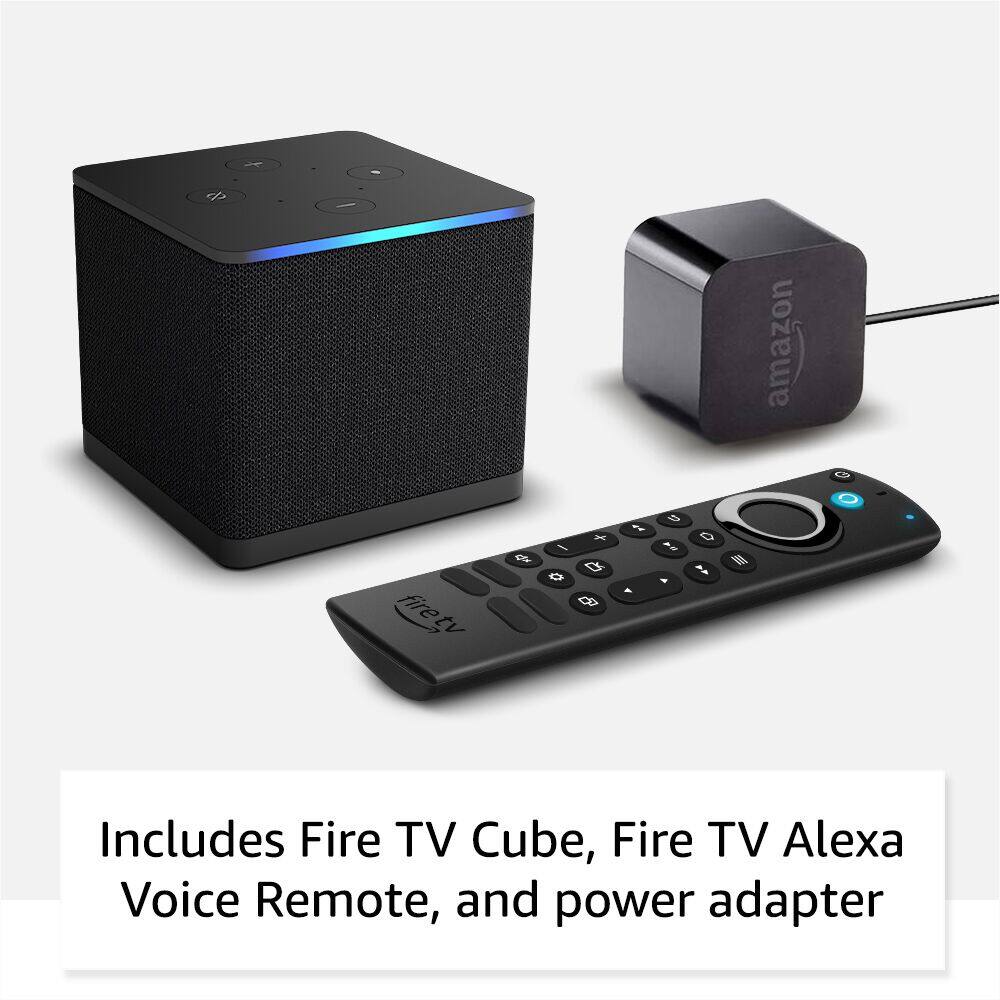 Includes Fire TV Cube, Fire TV Alexa Voice Remote, and power adapter.