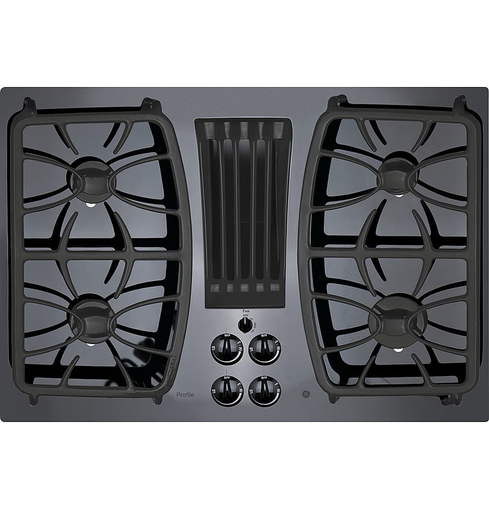 Front. GE Profile - 30" Built-In Gas Cooktop with 4 burners and Downdraft Vent - Black.