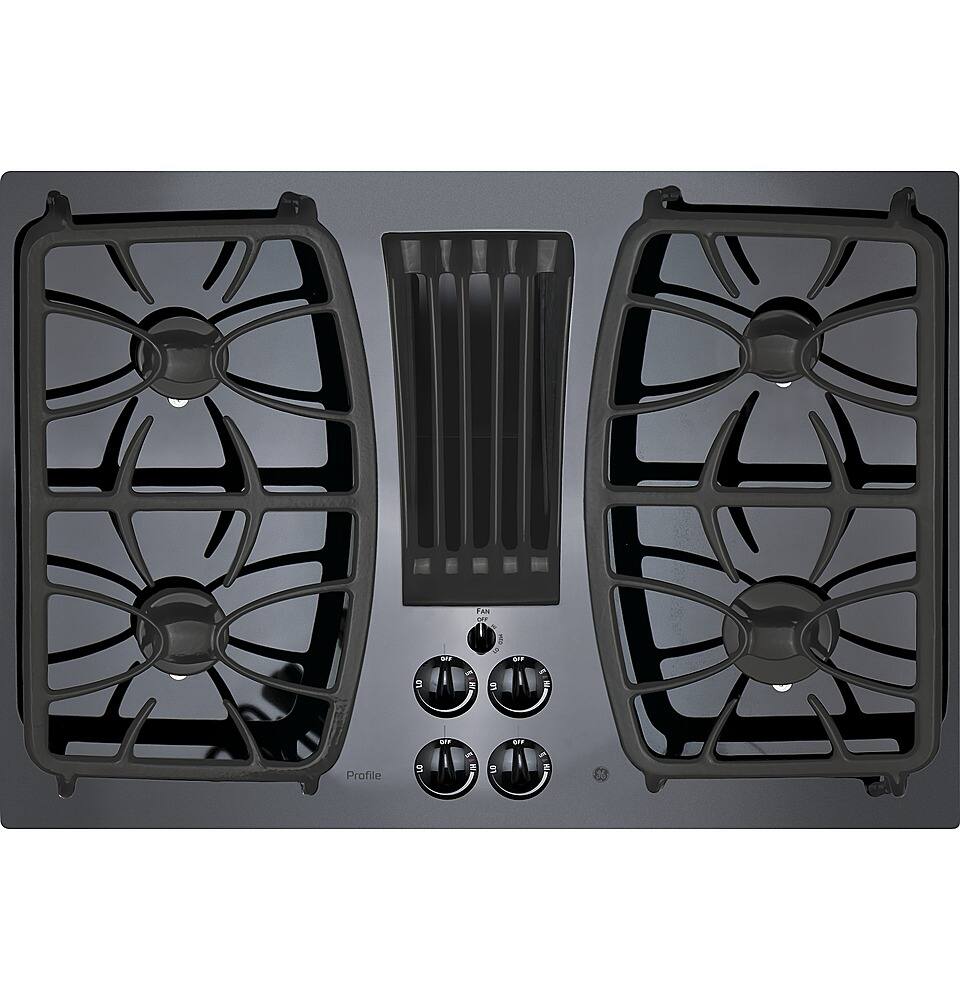 Front. GE Profile - 30" Built-In Gas Cooktop with 4 burners and Downdraft Vent - Black.