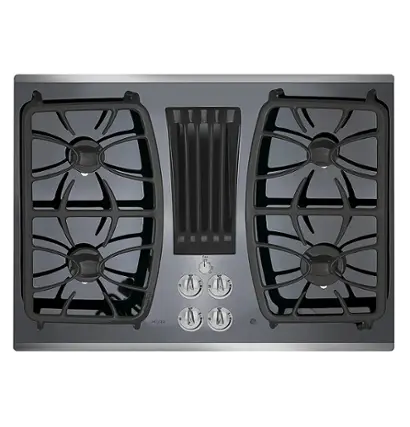 Front. GE Profile - 30" Built-In Gas Cooktop with 4 burners and Downdraft Vent - Stainless steel.