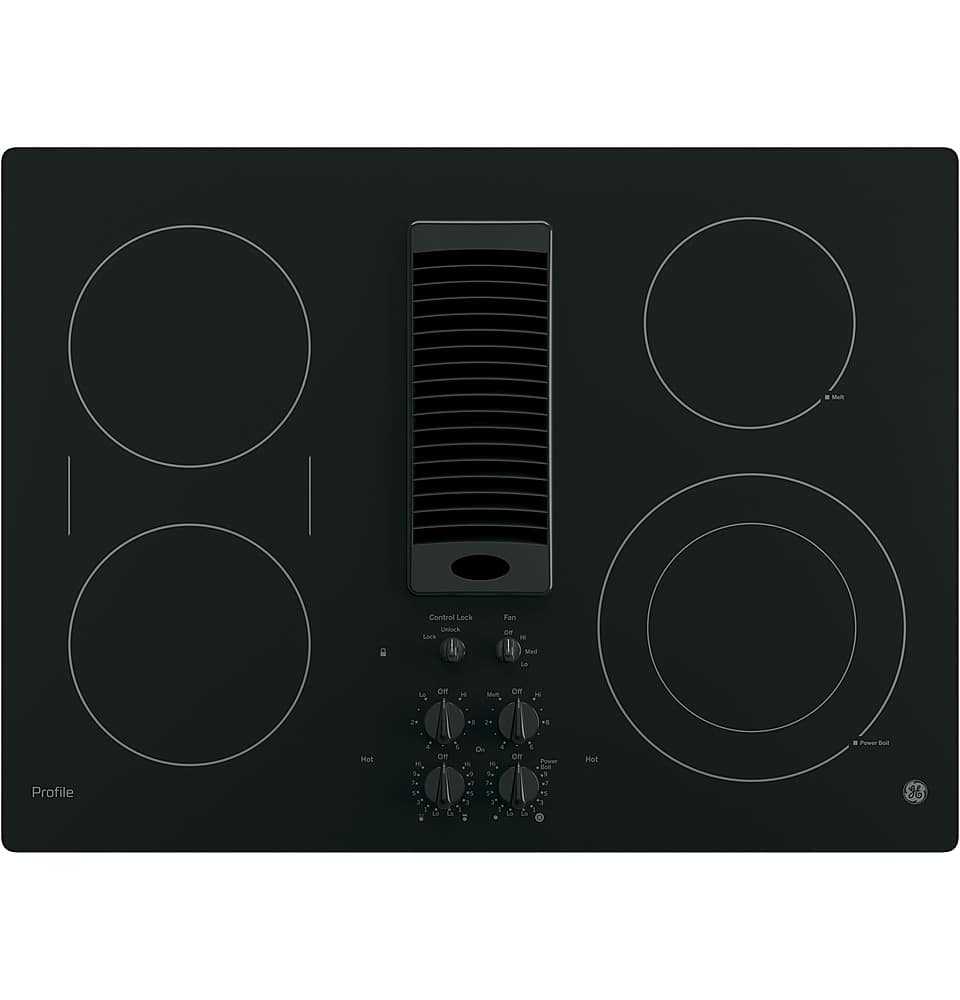 Front. GE Profile - 30" Built-In Downdraft Electric Cooktop with 4 Burners - Black.