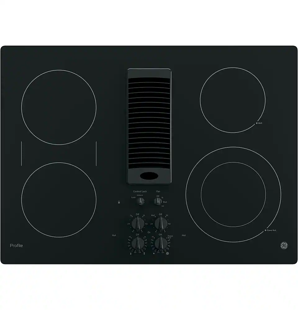 Front. GE Profile - 30" Built-In Downdraft Electric Cooktop with 4 Burners - Black.