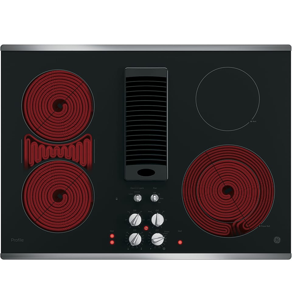 Angle. GE Profile - 30" Built-In Downdraft Electric Cooktop with 4 Burners - Stainless Steel.
