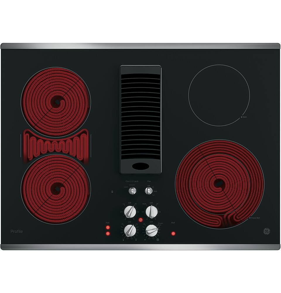Angle. GE Profile - 30" Built-In Downdraft Electric Cooktop with 4 Burners - Stainless Steel.