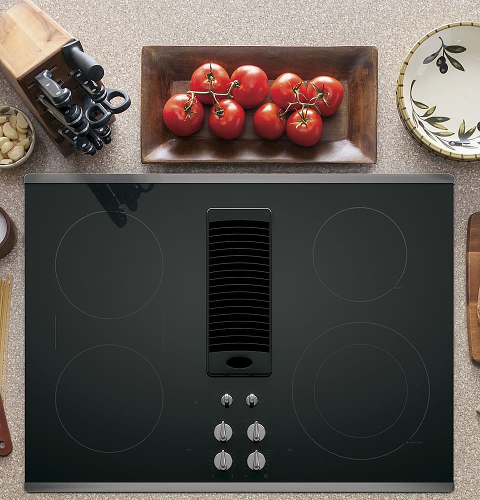 Left. GE Profile - 30" Built-In Downdraft Electric Cooktop with 4 Burners - Stainless Steel.