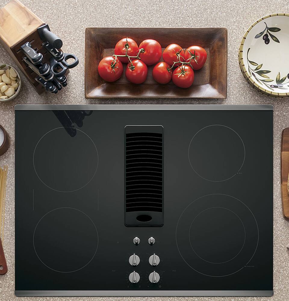 Left. GE Profile - 30" Built-In Downdraft Electric Cooktop with 4 Burners - Stainless Steel.