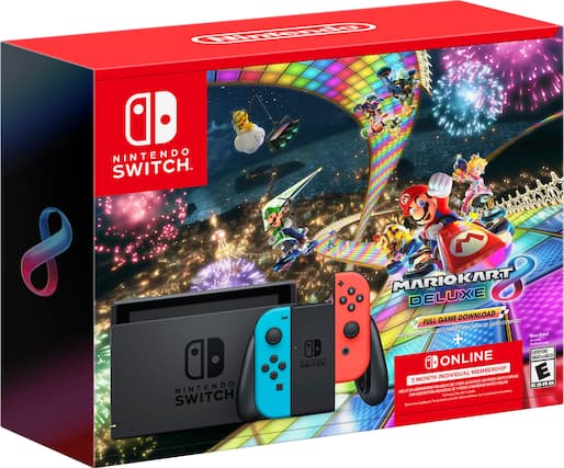 Front. Nintendo - Switch Neon Joy-Con + Mario Kart 8 Deluxe (GameDownload) + 3 Month Nintendo Switch Online Individual Membership. - E (Everyone)