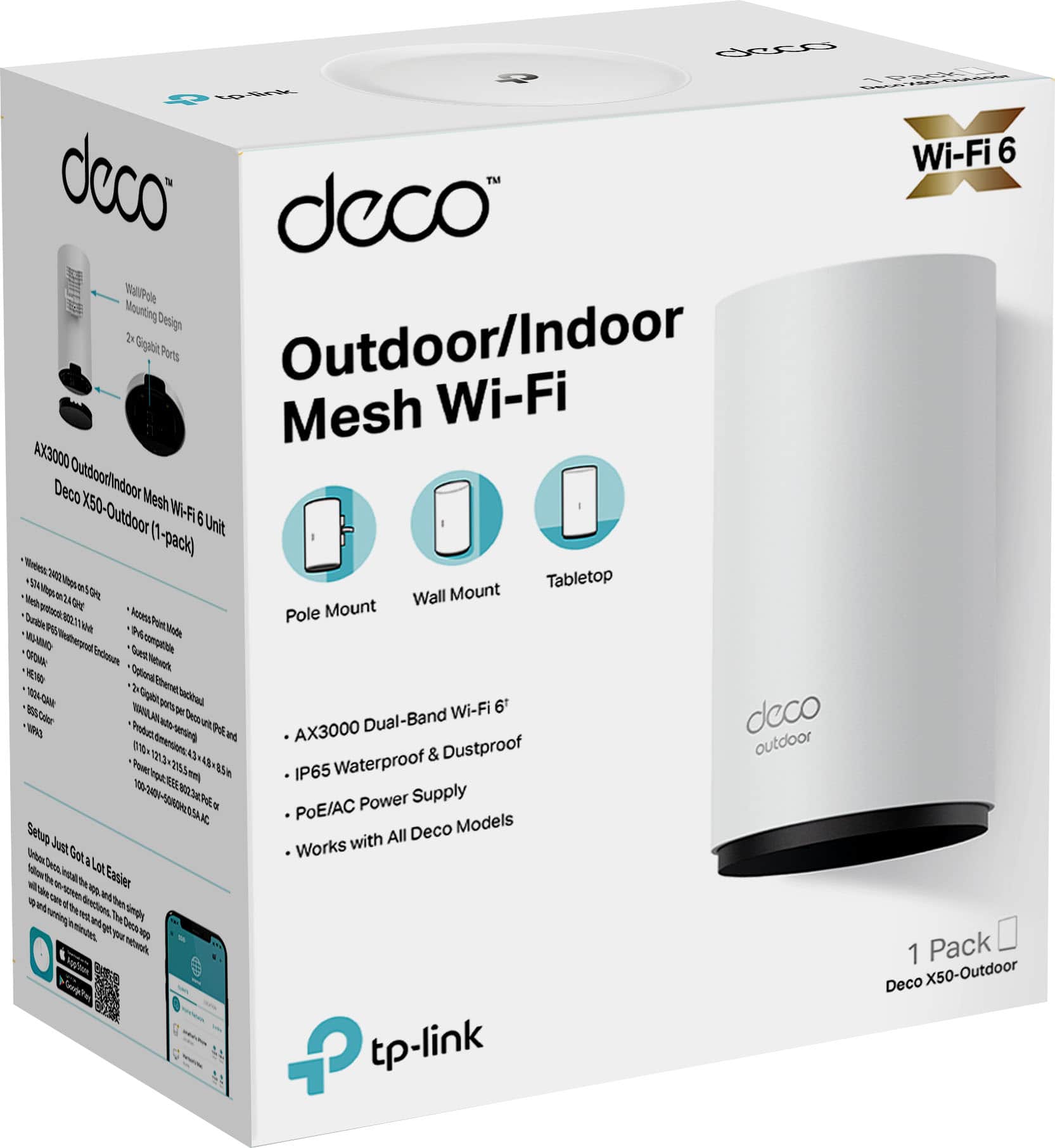 The text on the image is grouped and corrected as follows:
Outdoor/Indoor Mesh Wi-Fi AX3000 Deco Outdoor/indoor Mesh X50-Outdoor WI-F 6 Unit (1-pack) N Tabletop S9 Wall Mount T Mount Pole WIND Cma 1OHE 102/ctm Dual-Band Wi-Fi deco S003 P AX3000 1013 AS & Dustproof outdoor IP65 Waterproof Power Supply POE/AC Sehuo Deco Models with All Junt Got Works A LA Easier Hetoas tp-link 1 Pack Deco X50-Outdoor