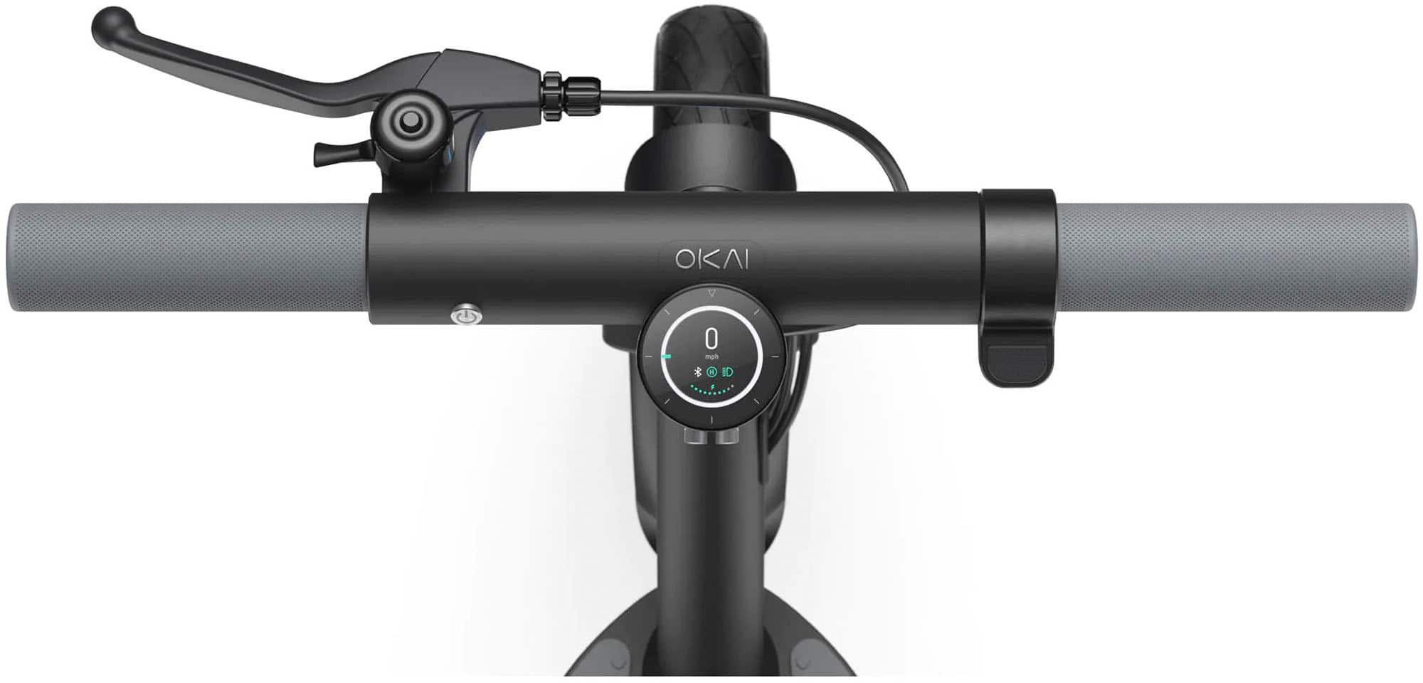 The image features a black scooter with a black handlebar and a black seat. The scooter is equipped with a black helmet and a black mirror. The handlebar has a black grip, and the scooter is designed by OKAI.