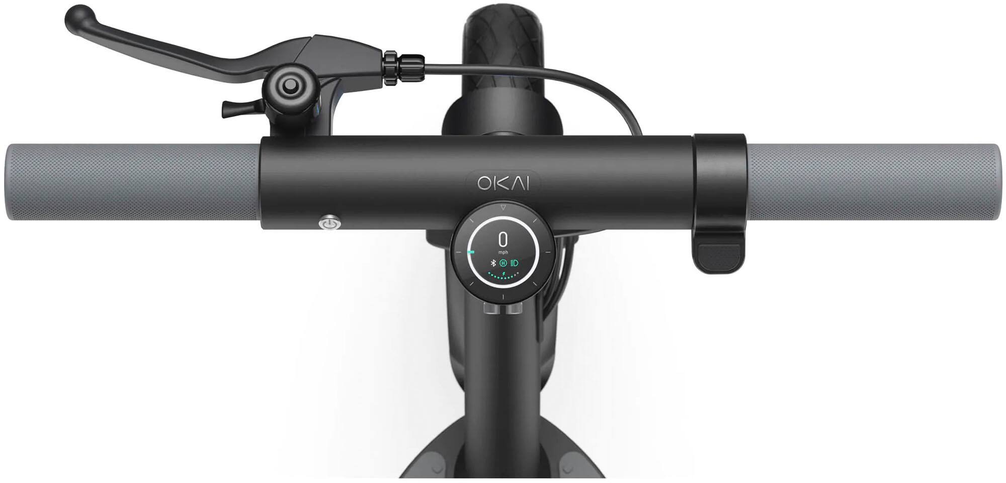 The image features a black scooter with a black handlebar and a black seat. The scooter is equipped with a black helmet and a black mirror. The handlebar has a black grip, and the scooter is designed by OKAI.