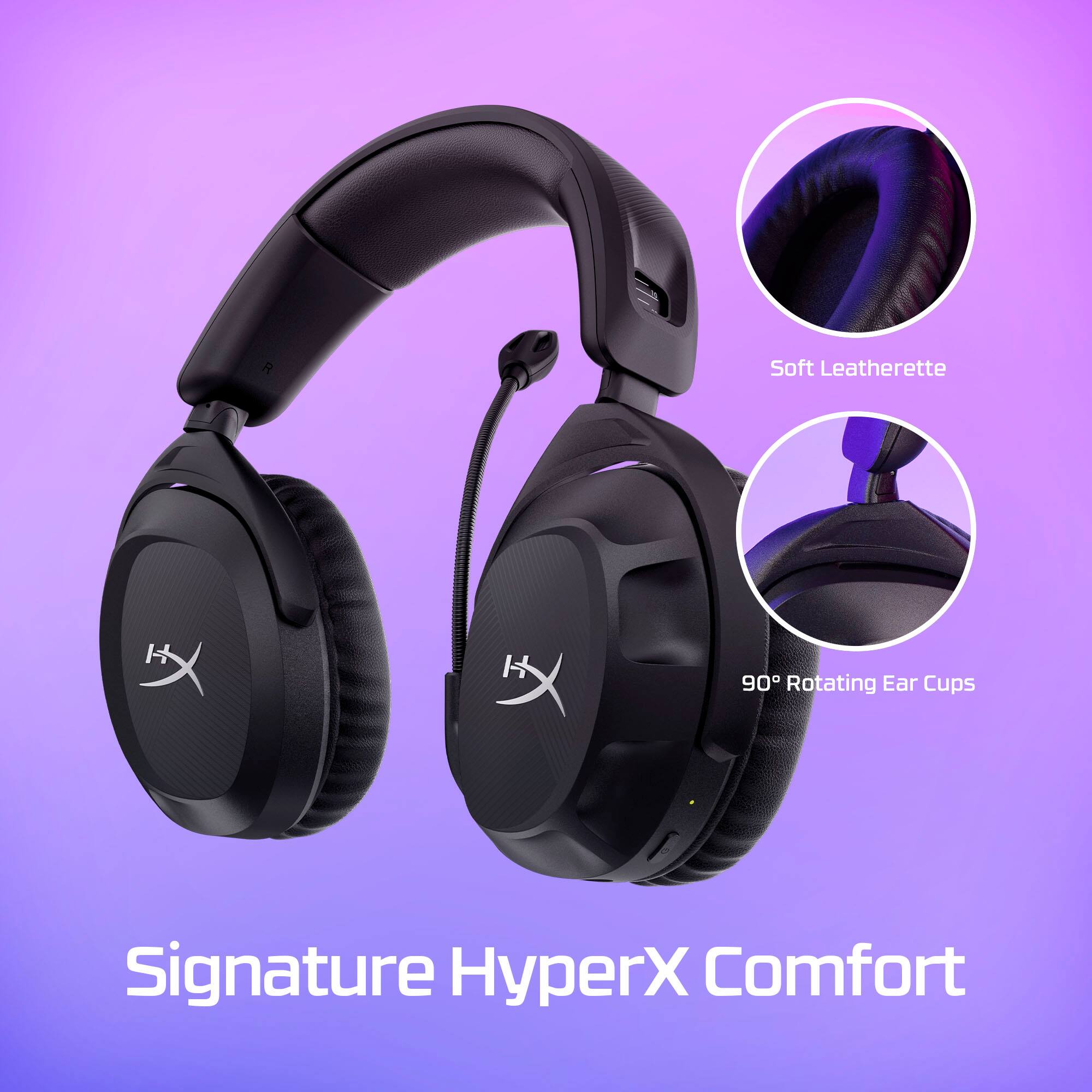The text on the image reads: "Soft Leatherette 90 Rotating Ear Cups Signature HyperX Comfort."