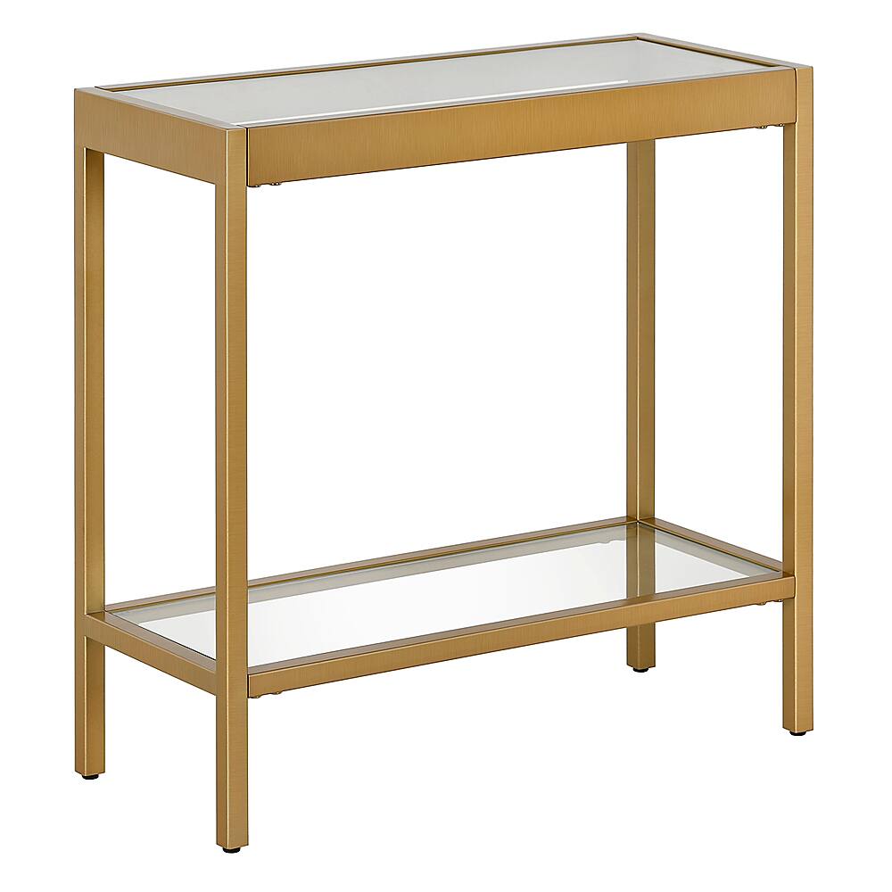 Simpli Home Selma Metal and Wood Accent Table in Natural/Gold