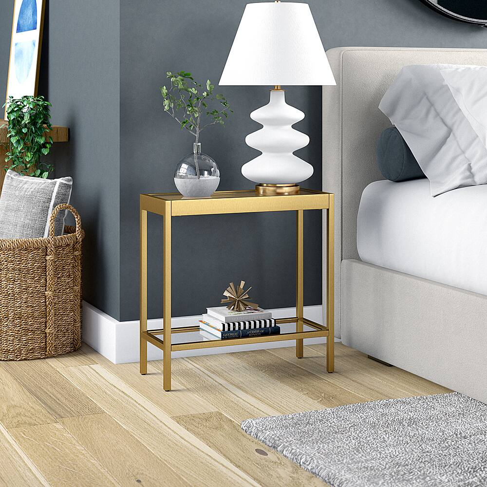 Simpli Home Selma Metal and Wood Accent Table in Natural/Gold