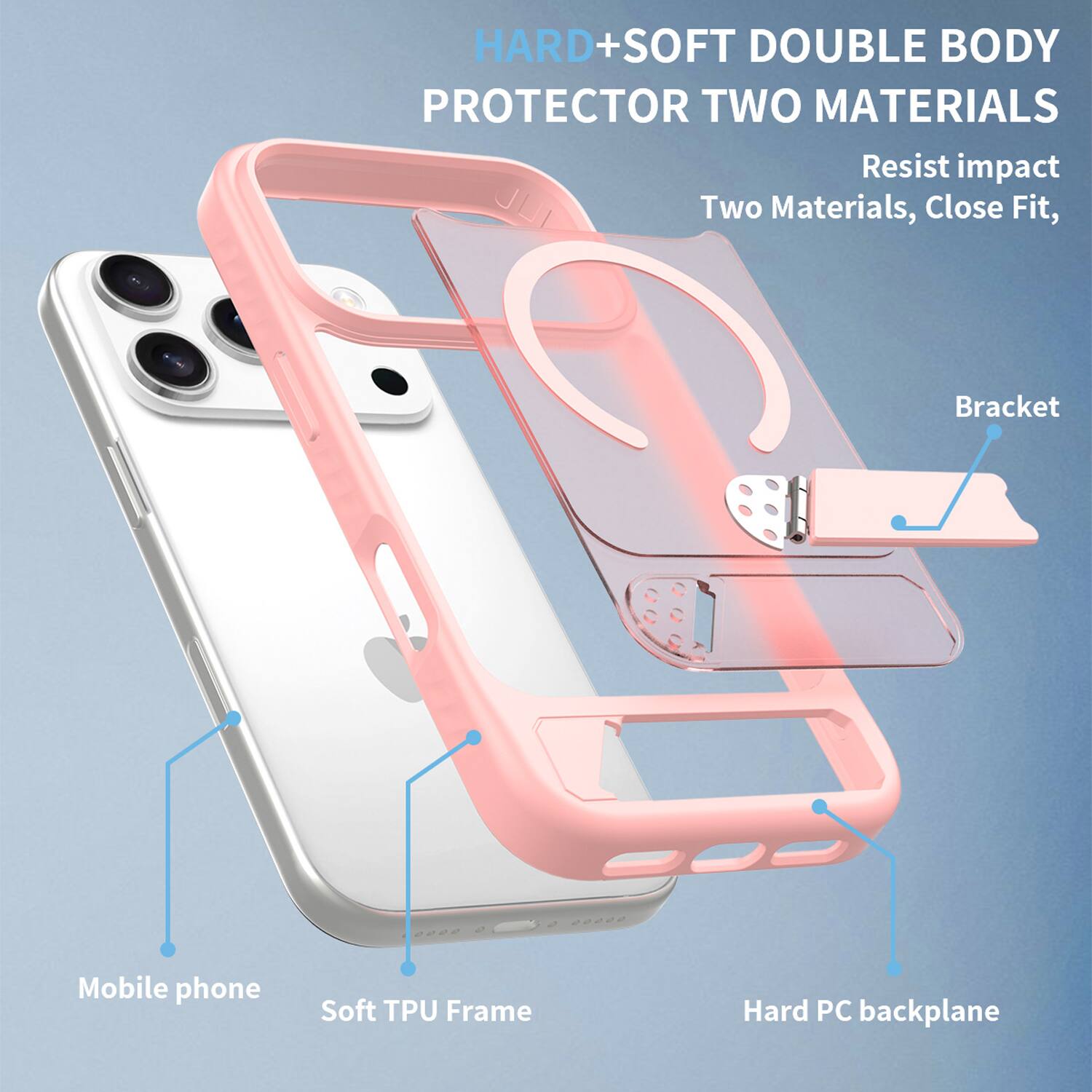 HARD+SOFT DOUBLE BODY PROTECTOR TWO MATERIALS  
Resist impact  
Two Materials, Close Fit,  
Bracket  
Mobile phone  
Soft TPU Frame  
Hard PC backplane