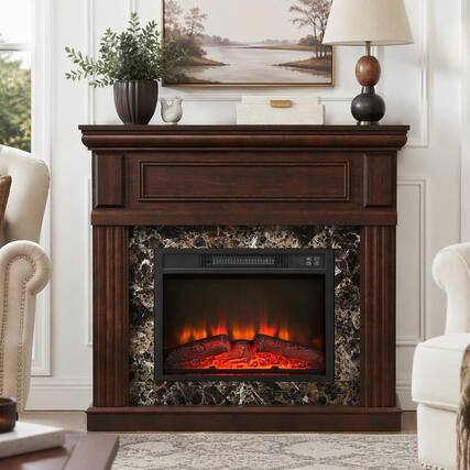 Front. RYHNUYNE - Cherry Electric Fireplace with Mantel Surround, 23-Inch Insert, 3 Flame Settings, Remote Control - Cherry.