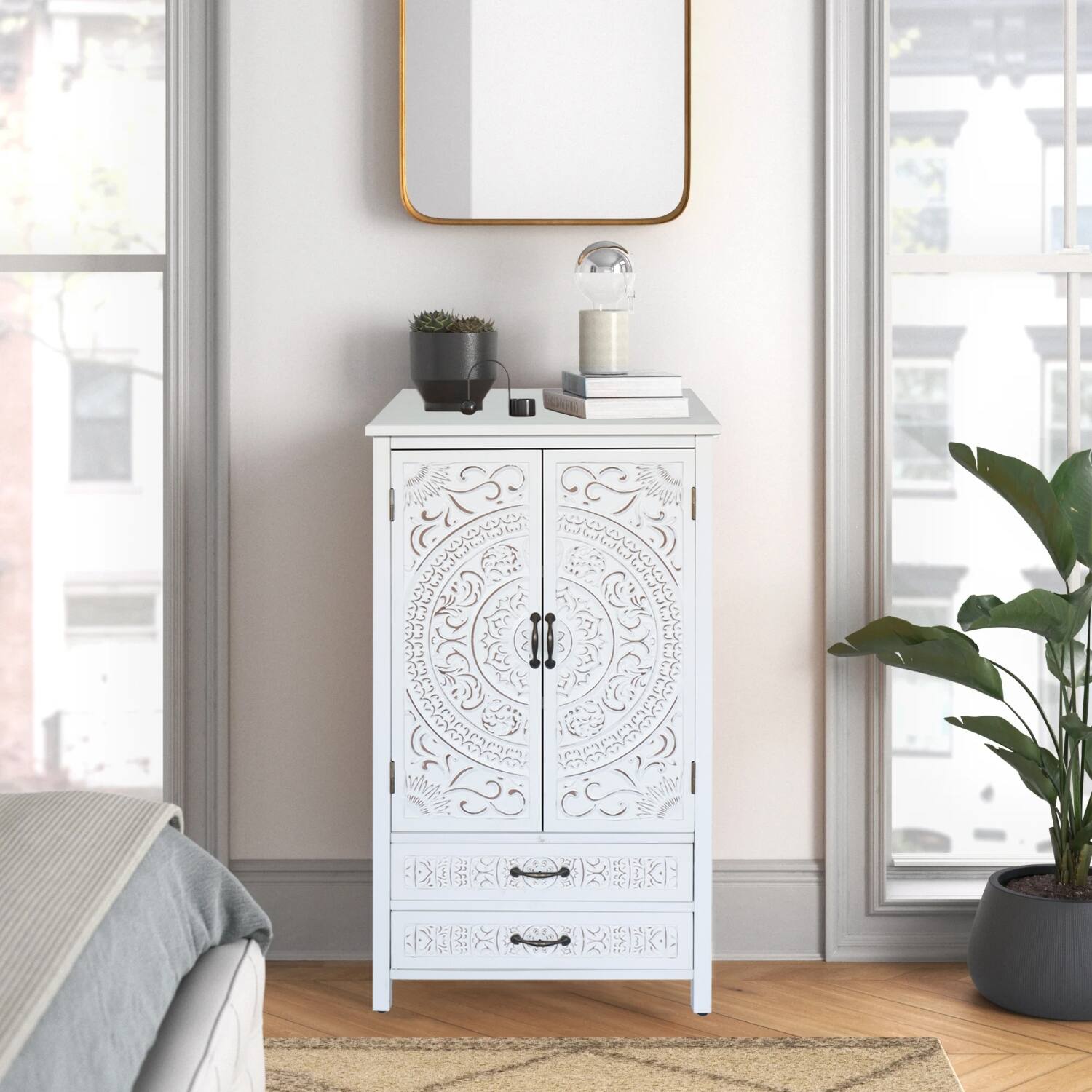 Alt View 2. Lirago - Accent Cabinet with Doors and Drawers Tall Tower Storage Cabinet in White 15.33"D x 26.77"W x 48.23"H - White.