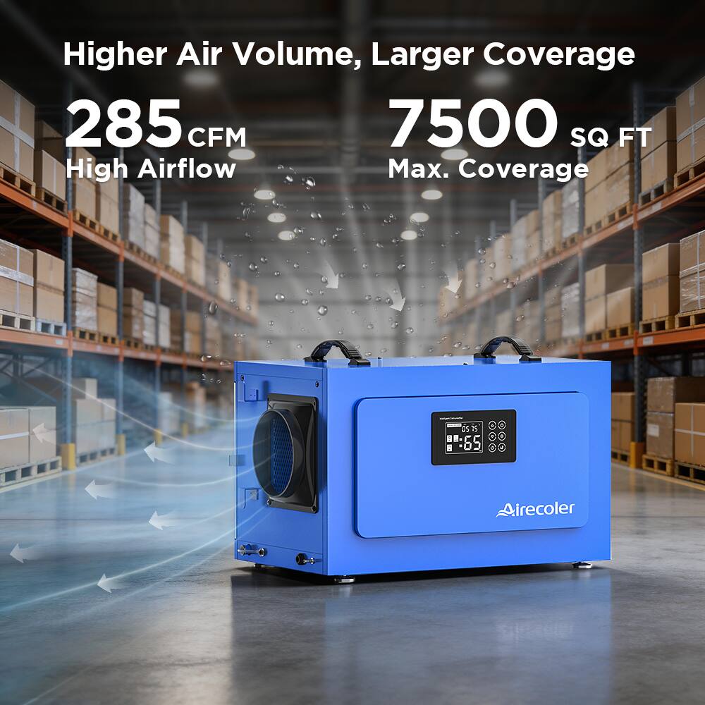 Higher Air Volume, Larger Coverage  
285 CFM  
High Airflow  
7500 SQ FT  
Max. Coverage  

Airecooler