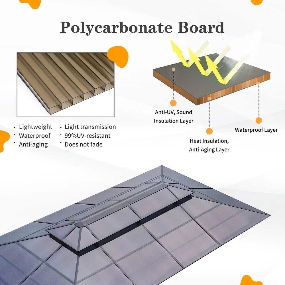 Polycarbonate Board

Lightweight
Light transmission
Waterproof
99% UV-resistant
Does not fade
Anti-aging

Anti-UV, Sound Insulation Layer
Waterproof Layer
Heat Insulation, Anti-Aging Layer