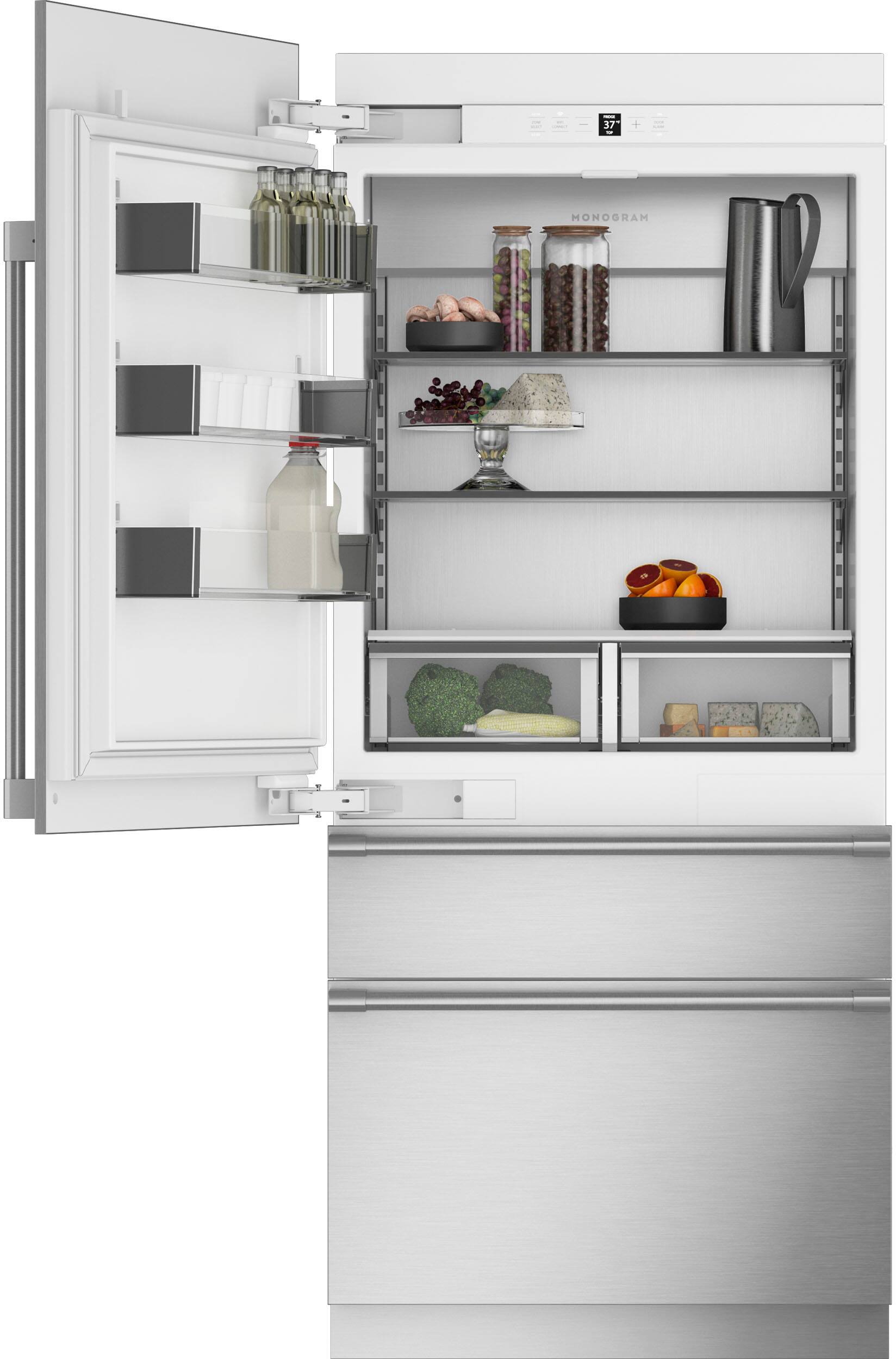 Angle. Monogram - 20.2 Cu. Ft. Bottom-Freezer Counter-Depth Refrigerator - Custom Panel Ready - Stainless Steel.