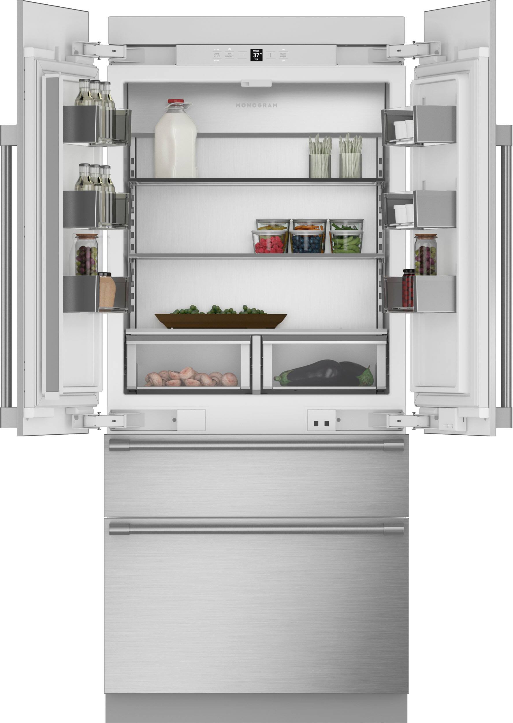 Left. Monogram - 20.1 Cu. Ft. French Door Counter-Depth Refrigerator - Custom Panel Ready - Stainless Steel.