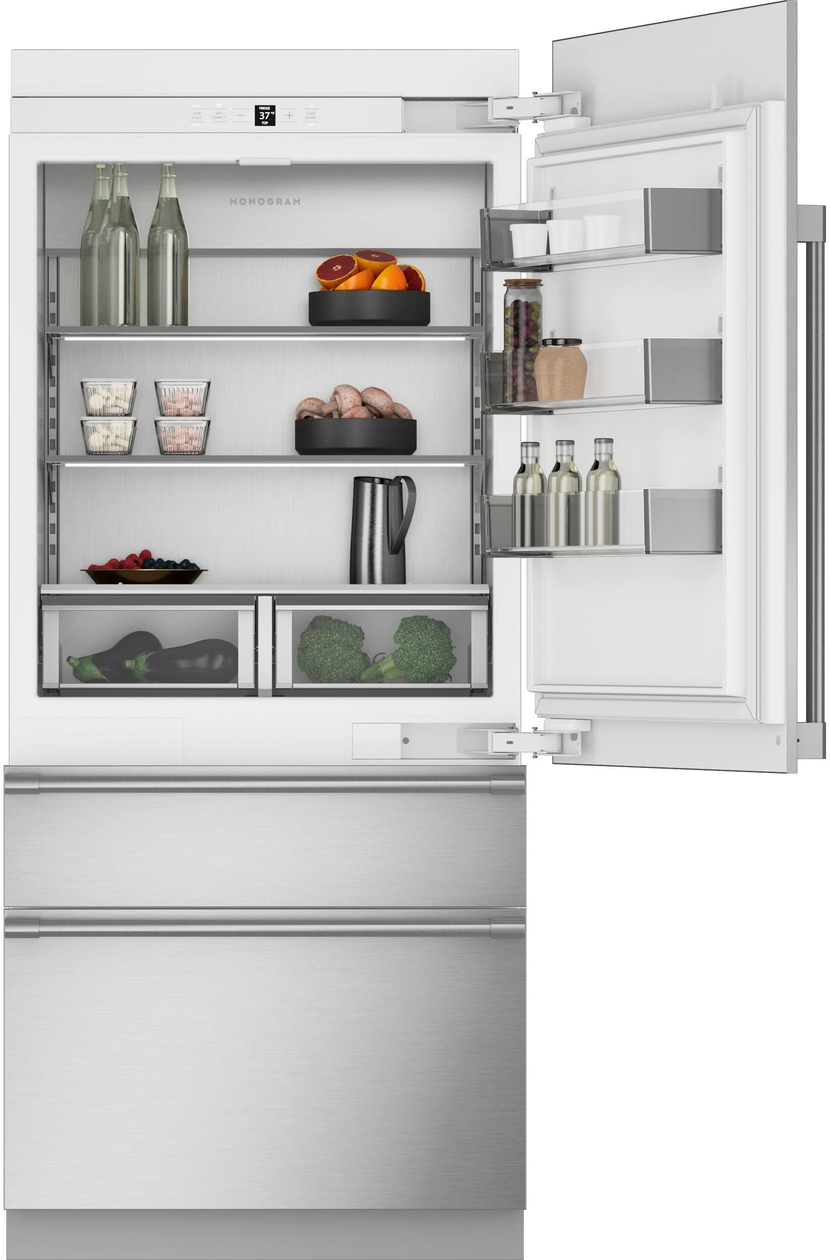 Angle. Monogram - 20.2 Cu. Ft. Bottom-Freezer Counter-Depth Refrigerator - Custom Panel Ready - Stainless Steel.