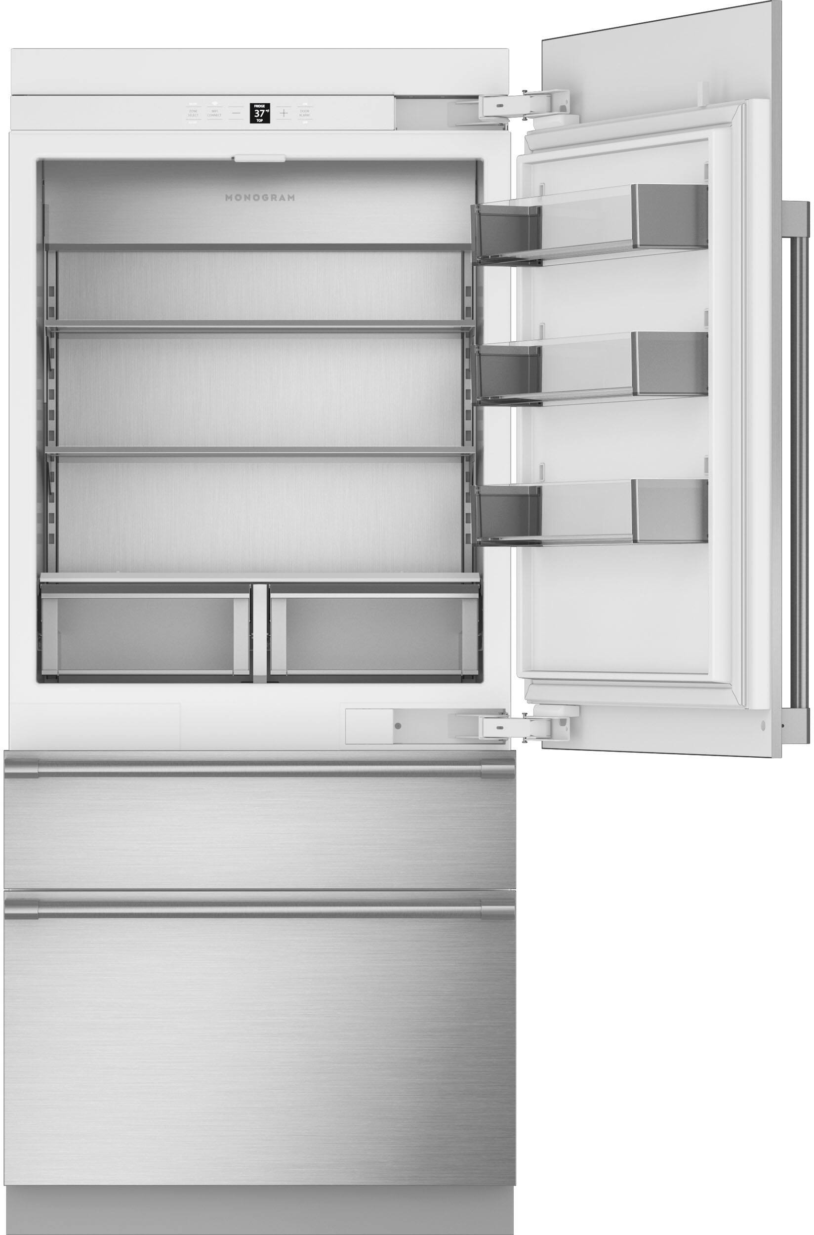 Left. Monogram - 20.2 Cu. Ft. Bottom-Freezer Counter-Depth Refrigerator - Custom Panel Ready - Stainless Steel.