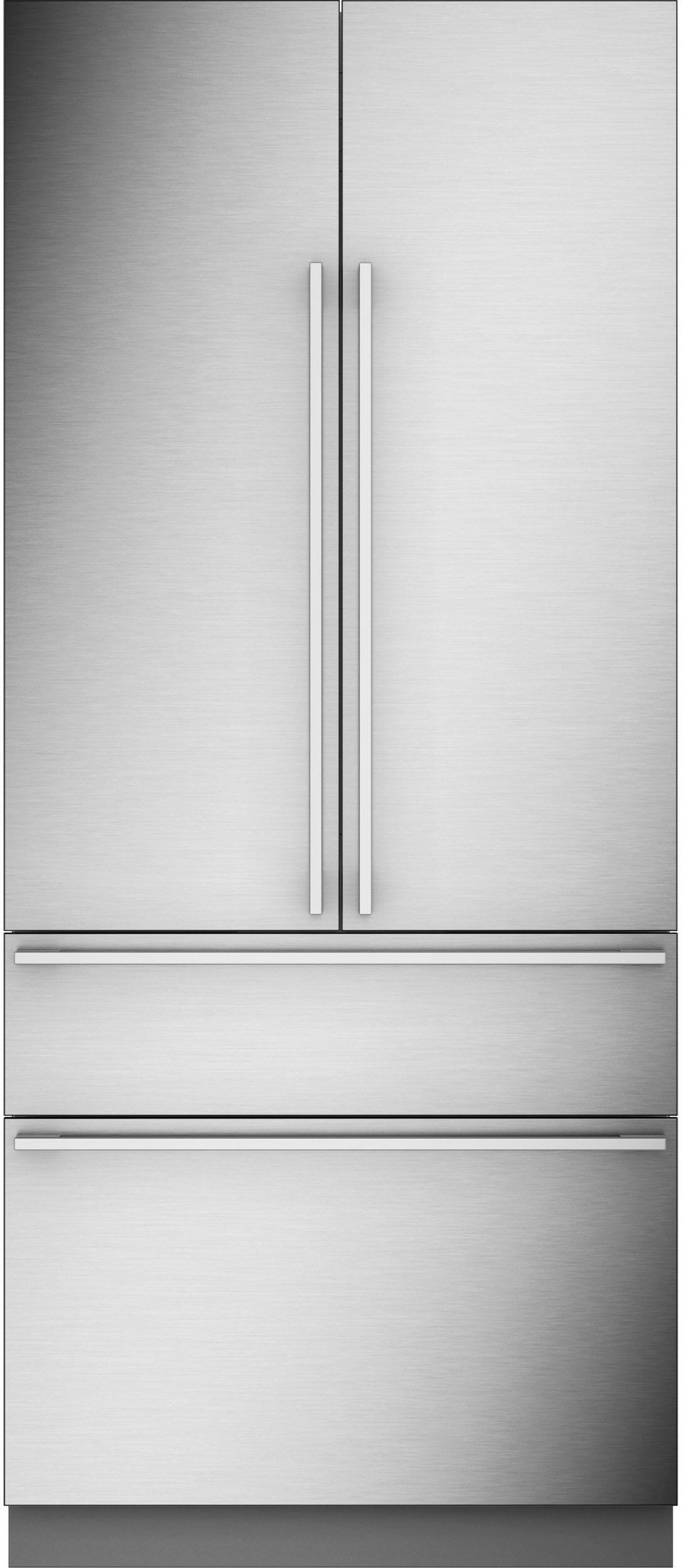 Left. Monogram - Minimalist Handle Kit for Select Monogram French Door Refrigerators - Stainless Steel.