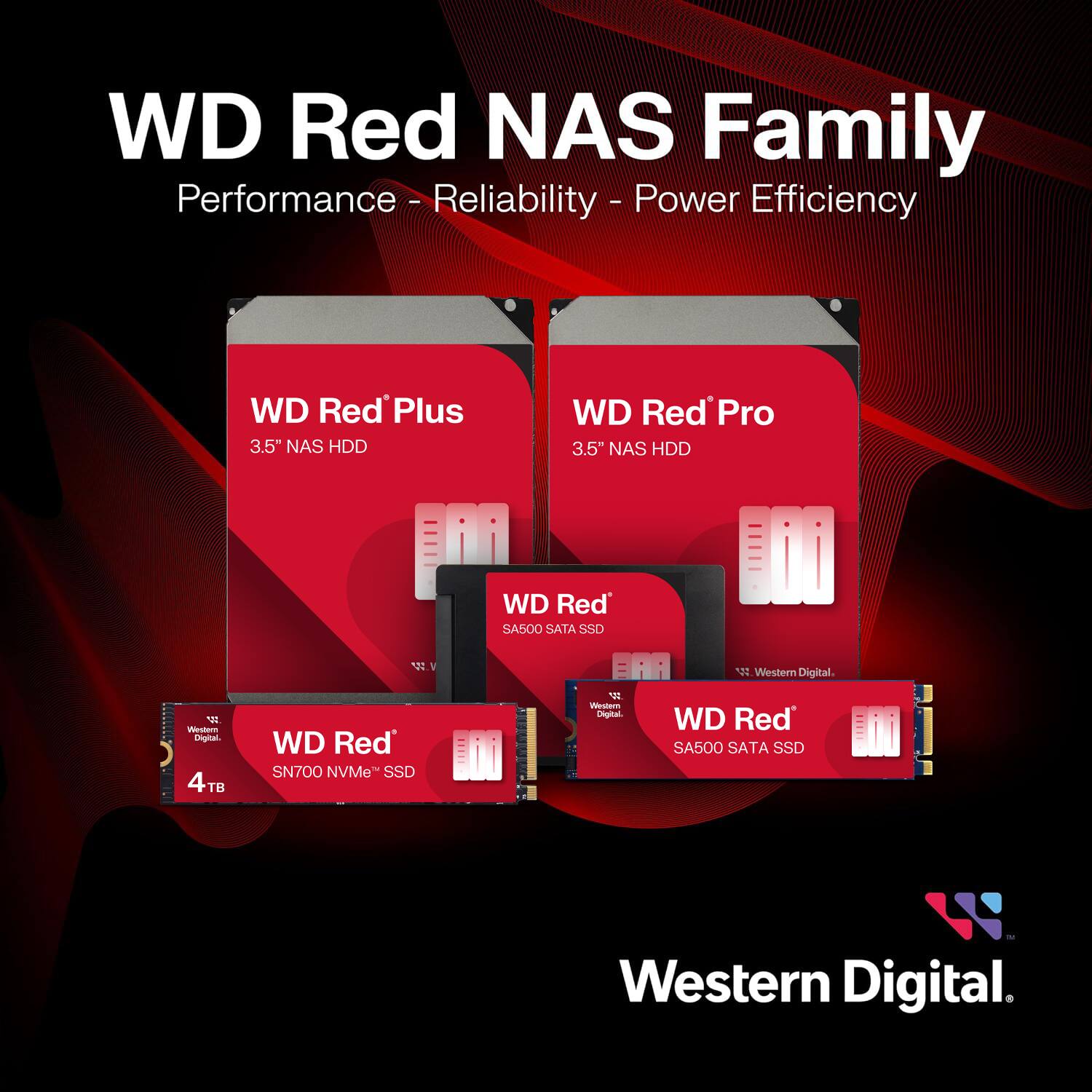 WD Red NAS Family: Performance, Reliability, Power Efficiency
* WD Red Plus 3.5" NAS HDD
* WD Red Pro 3.5" NAS HDD
* WD Red SA500 SATA SSD
* WD Red SN700 NVMe" SSD
* Western Digital