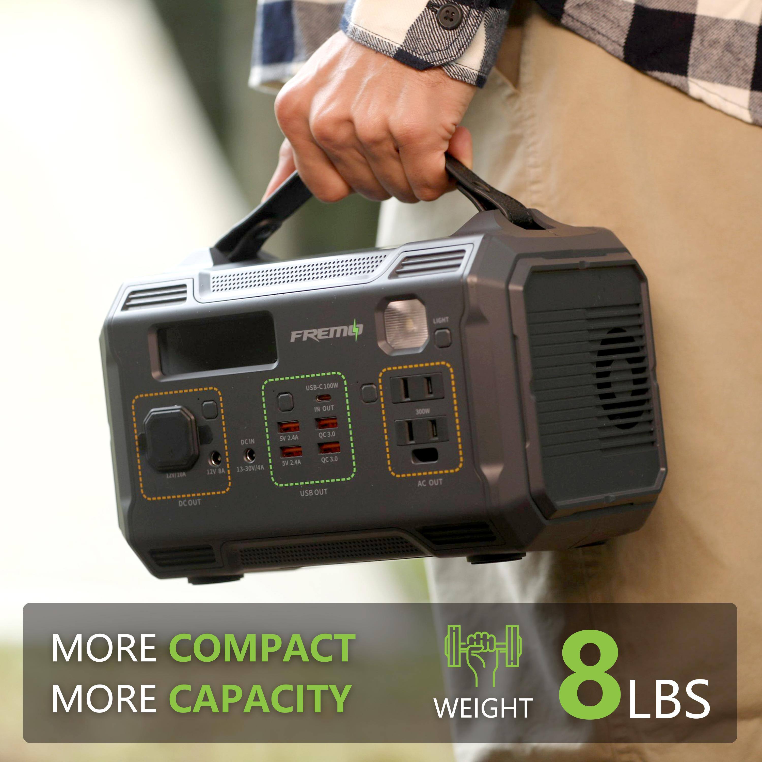 FREML LIGHT USB-C100W I oUT 30 BCIN 5 2.4A QC38 13V LA 13-304A A DCOUT SY 2.46 QC3.0 usa oUT AC OUT MORE COMPACT MORE CAPACITY WEIGHT 8 LBS