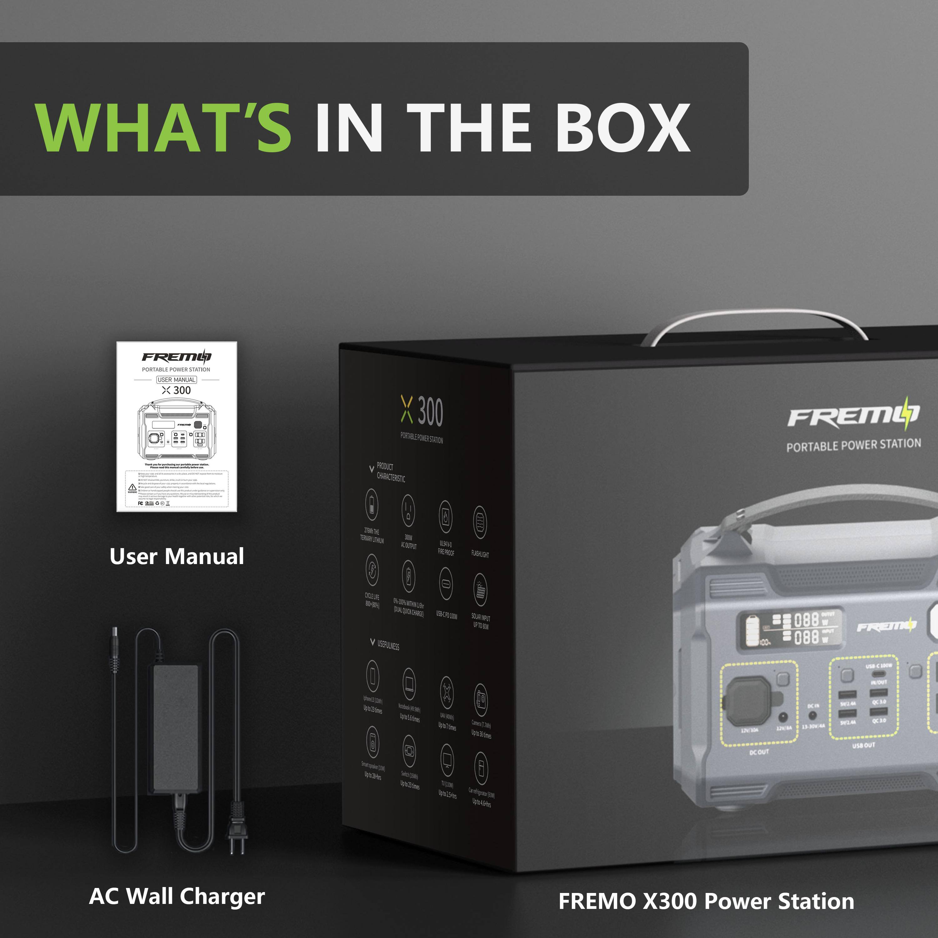 The image features a box containing a portable power station, which is a product by FREMO. The box is black and has a white label with the product's name and features. The power station is designed to provide portable power for various devices, such as charging cell phones or running small appliances. The box also includes a user manual and an AC wall charger, which can be used to charge the power station. The product is advertised as a convenient and reliable solution for those who need portable power on the go.