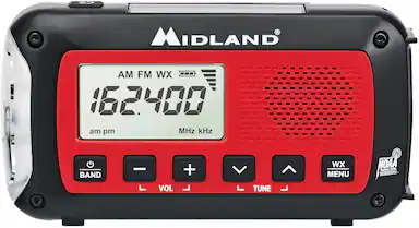Front. Midland - Emergency Crank Weather Alert Radio - Red/Black.