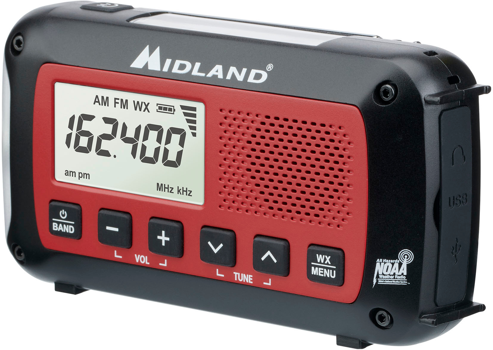 Left View: Midland - Emergency Crank Weather Alert Radio - Red/Black