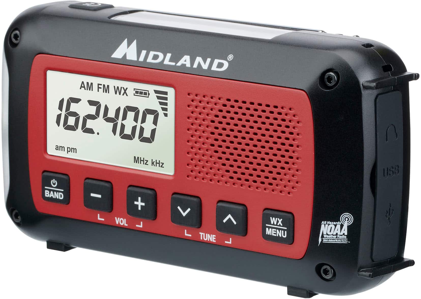 Left. Midland - Emergency Crank Weather Alert Radio - Red/Black.