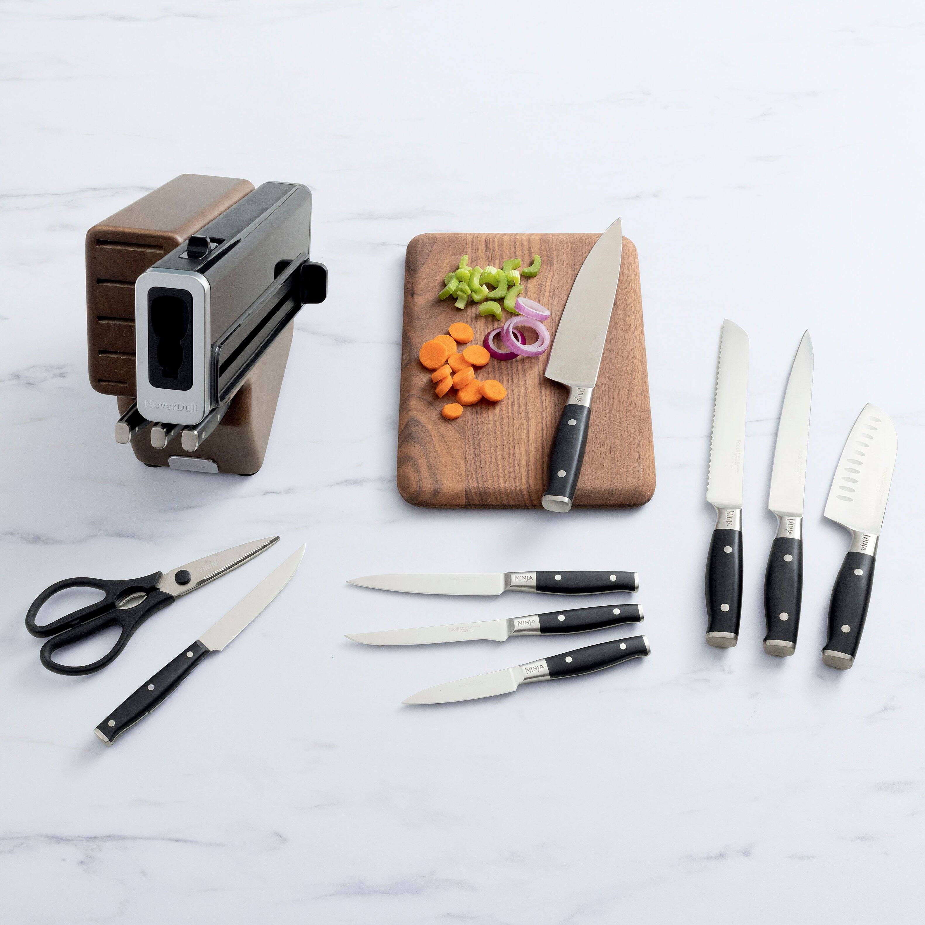 Left. Ninja - Foodi NeverDull Premium 13pc German Stainless Steel Wood Series Knife System Cutlery Set with Built-in Sharpener - Walnut &  Black.