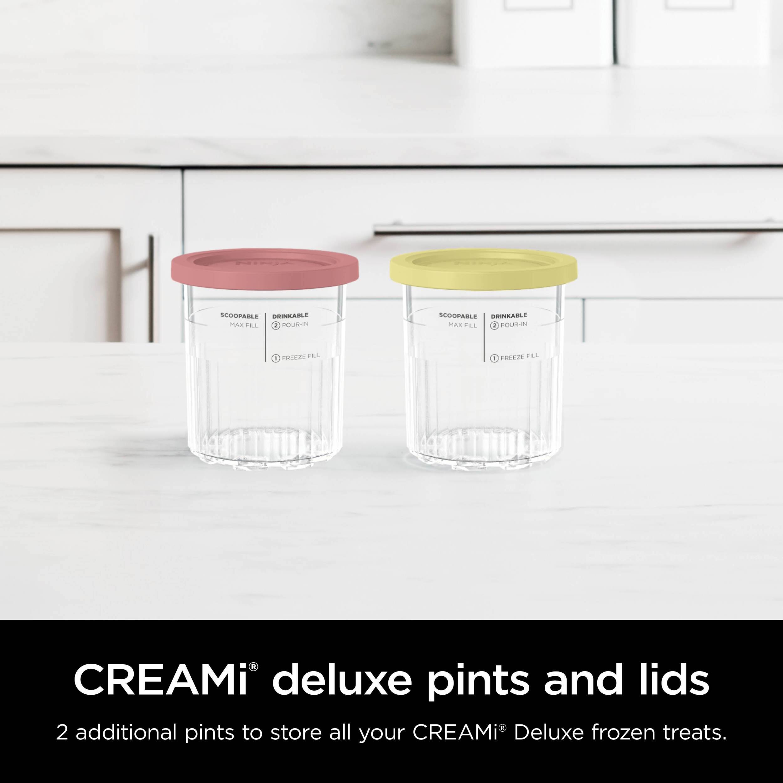 Scoopable drinkable ice cream treats in pints and lids. 2 additional pints to store all your CREAMi Deluxe frozen treats.