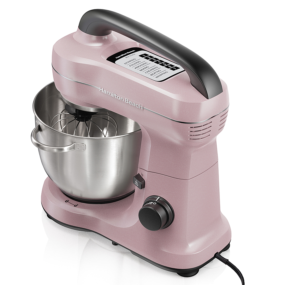 Hamilton Beach Electric Stand Mixer with 4 Quart Stainless Bowl, 7 Speeds,  Whisk, Dough Hook, and Flat Beater Attachments, Splash Guard, 300 Watts,  Rose, 63396 