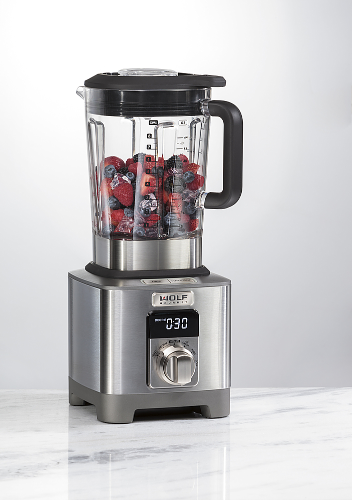 Wolf Gourmet Pro-Performance Blender, 64 oz Jar, 4 Program Settings, 12.5 Amps, Blends Food, Shakes and Smoothies, Red Knob, Stainless Steel