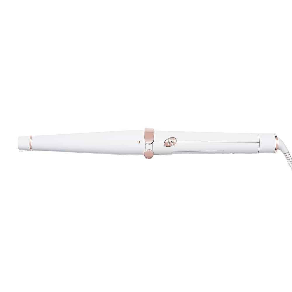 Angle. T3 - SinglePass Wave 1 ¼” – ¾” Tapered Styling Wand - White & Rose Gold.