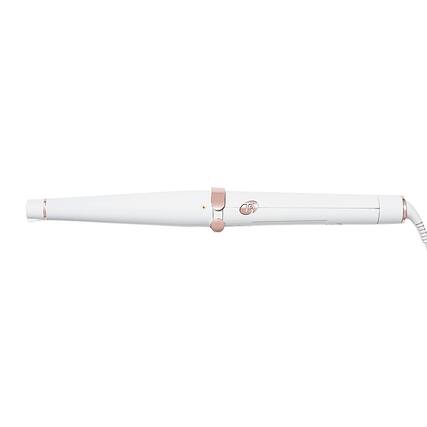 Angle. T3 - SinglePass Wave 1 ¼” – ¾” Tapered Styling Wand - White & Rose Gold.