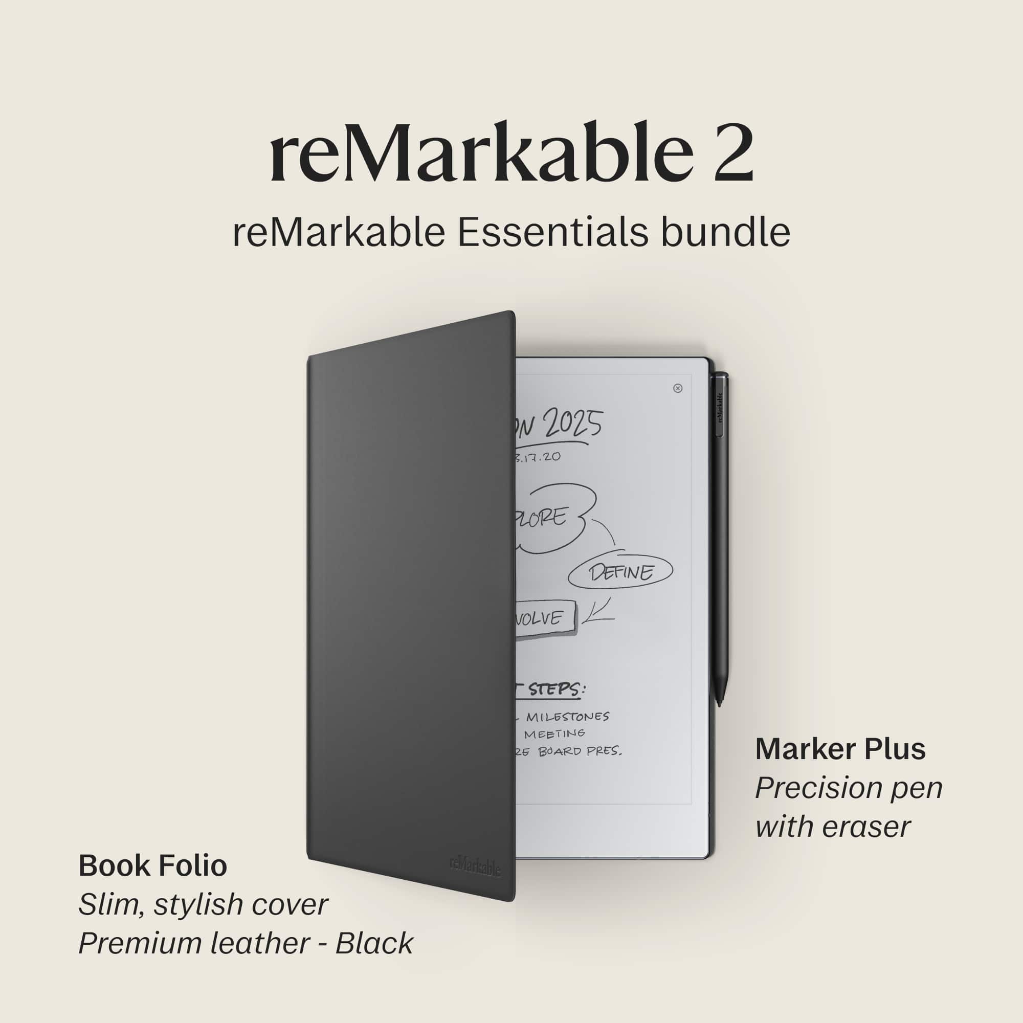 reMarkable 2 reMarkable Essentials bundle N 2025 17.20 ZLORE DEFINE VOLVE STEPS: MILESTONES METINO 2G BIARD PRES. Book Folio earable Slim, stylish cover Premium leather -Black Marker Plus Precision pen with eraser