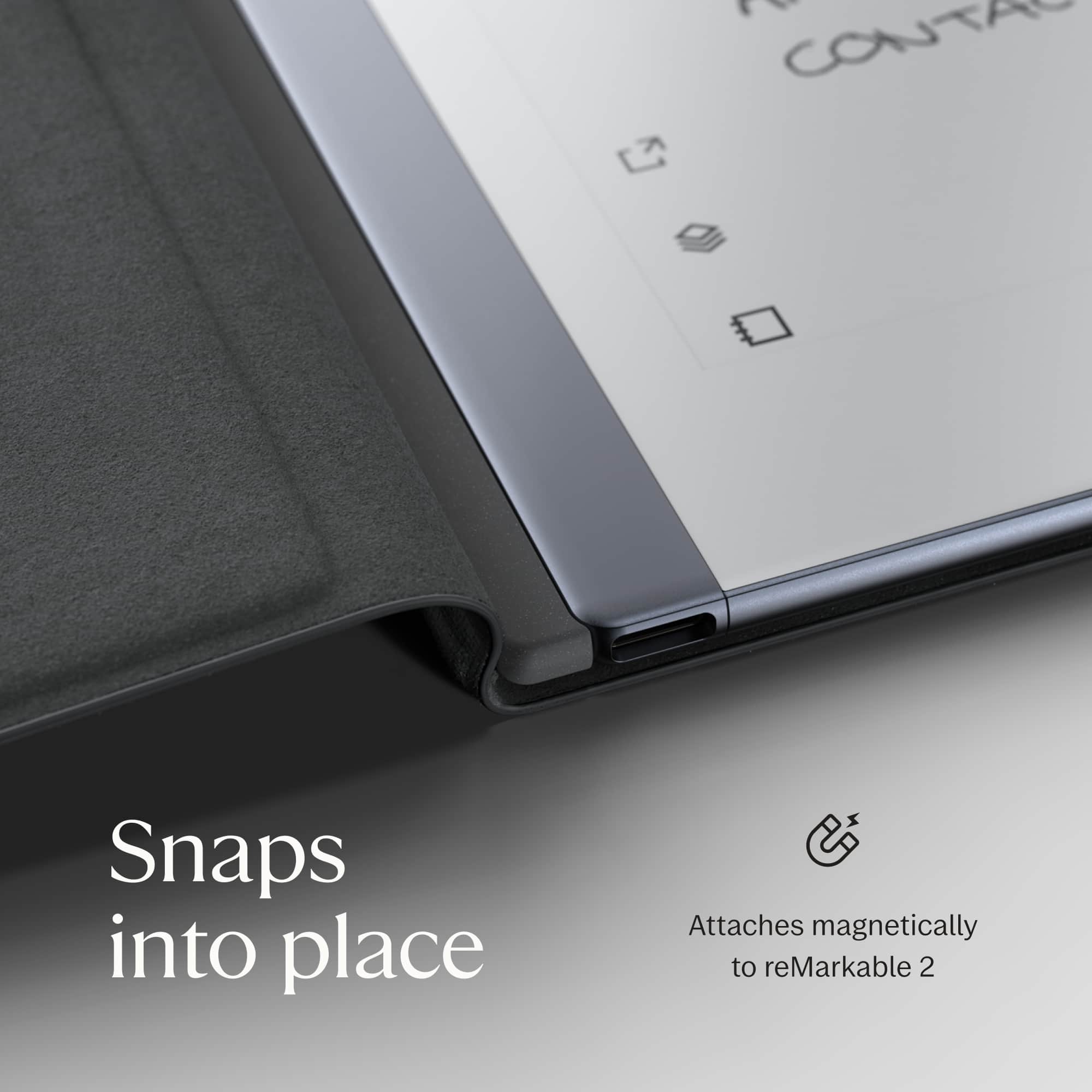 The text on the image reads: "Snaps into place. Attaches magnetically to reMarkable 2."