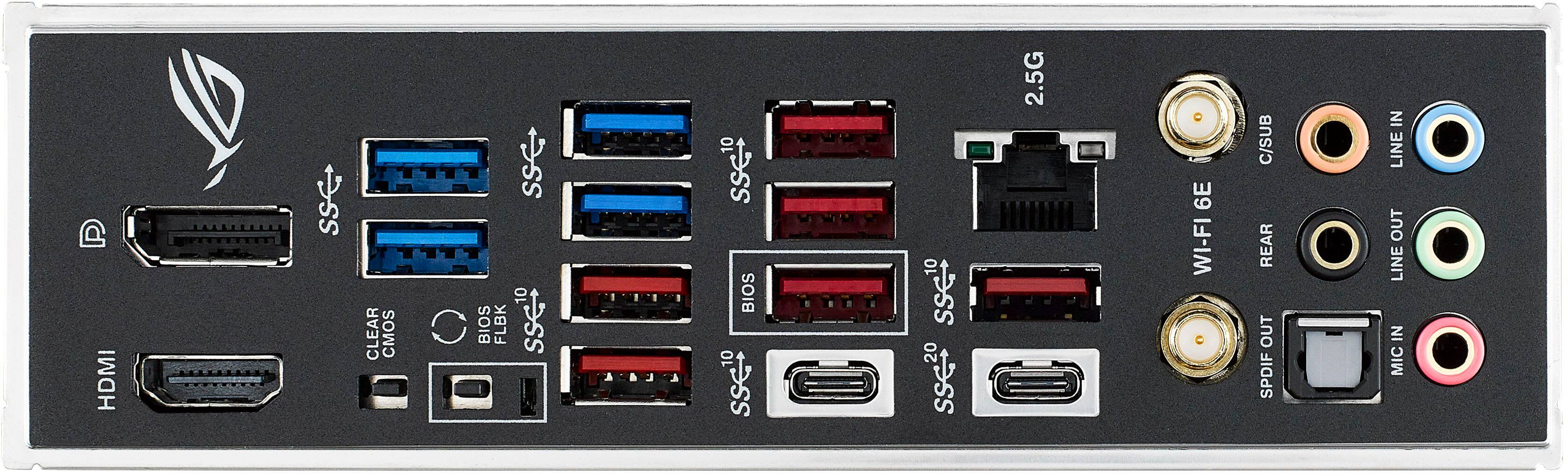 The text on the image reads:

HDMI SSCLEAR CMOS SS<+ 10 C BIOS FLBK ssel 10 sset BIOS 10 sse 10 sse sse20 2.5G 6E WI-FI C/SUB REAR OUT SPDIF IN LINE OUT LINE IN MIC

Corrected text:

HDMI SSCLEAR CMOS SS<+ 10 C BIOS FLBK ssel 10 sset BIOS 10 sse 10 sse sse20 2.5G 6E WI-FI C/SUB REAR OUT SPDIF IN LINE OUT LINE IN MIC