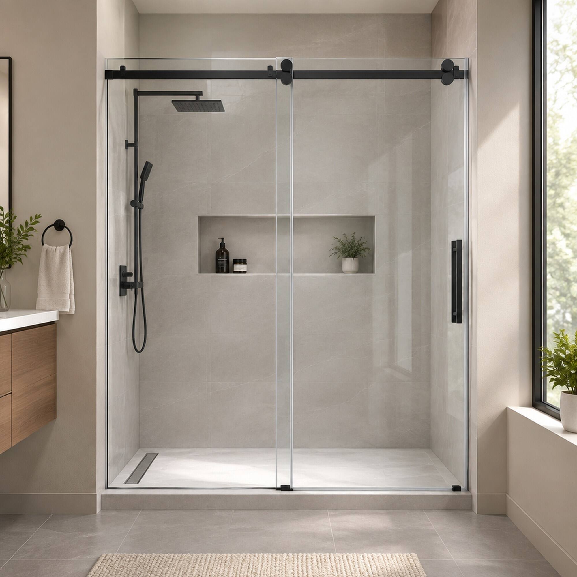 Alt View 4. RYHNUYNE - 56-60" W X 72" H Frameless Single Sliding Shower Door With 5/16" Clear Tempered Glass, Matte Black Finish - Matte Black.
