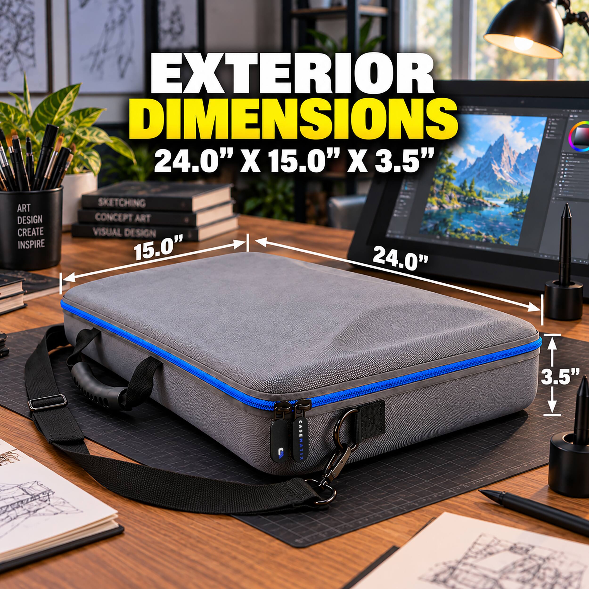 EXTERIOR DIMENSIONS 24.0" X 15.0" X 3.5"

ART DESIGN CREATE INSPIRE
SKETCHING CONCEPT ART VISUAL DESIGN

CASEMATIX